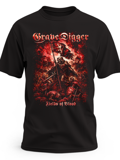 Czarna koszulka Grave Digger Fields of Blood z wojownikiem i flagą na czerwonym tle