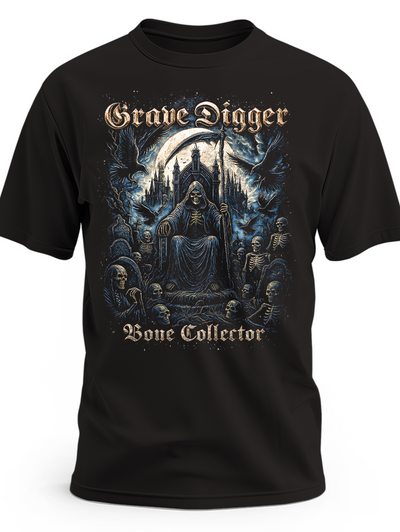 Czarna koszulka Grave Digger Bone Collector z kostuchą na tronie, szkieletami i księżycem