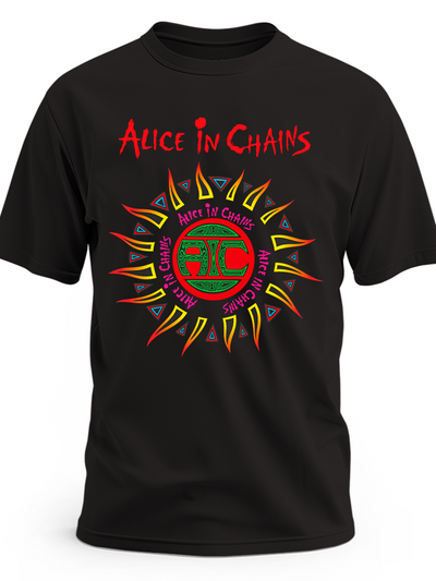Czarna koszulka Alice in Chains z kolorowym symbolem słońca i czerwonym logo zespołu