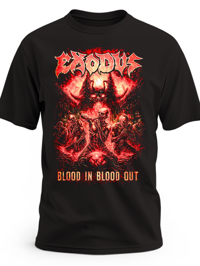 Czarna koszulka Exodus Blood In Blood Out z czerwonymi szkieletami, demonem i logo zespołu