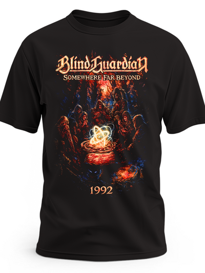 Czarna koszulka Blind Guardian Somewhere Far Beyond z postaciami wokół świetlistego symbolu i rokiem 1992