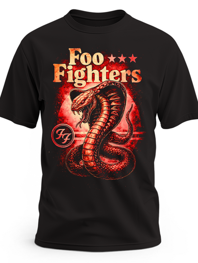 Czarna koszulka Foo Fighters z czerwoną kobrą, trzema gwiazdami i logo FF