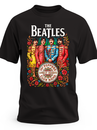 Czarna koszulka The Beatles z kolorowym kolażem muzycznym