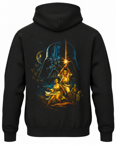 Czarna bluza z kapturem i nadrukiem na plecach: Gwiezdne wojny – Darth Vader, Luke i Leia