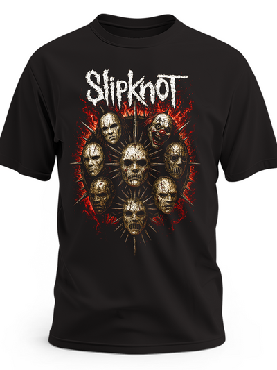 Czarna koszulka Slipknot z maskami członków zespołu