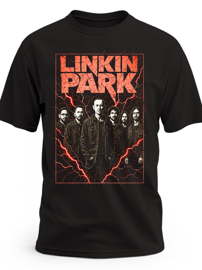Czarna koszulka Linkin Park z zespołem i czerwonym napisem