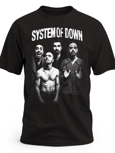 Czarna koszulka System of a Down z czarno-białym portretem zespołu