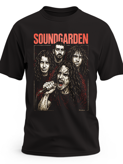 Czarna koszulka Soundgarden z portretem zespołu i czerwonym napisem