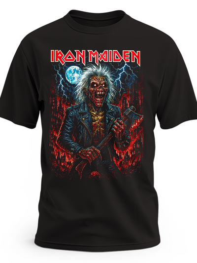 Czarna koszulka Iron Maiden z Eddiem i niebieskimi błyskawicami na czerwonym tle