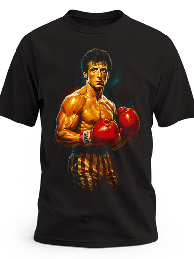 Czarna koszulka z nadrukiem Rocky’ego Balboa z filmu Rocky
