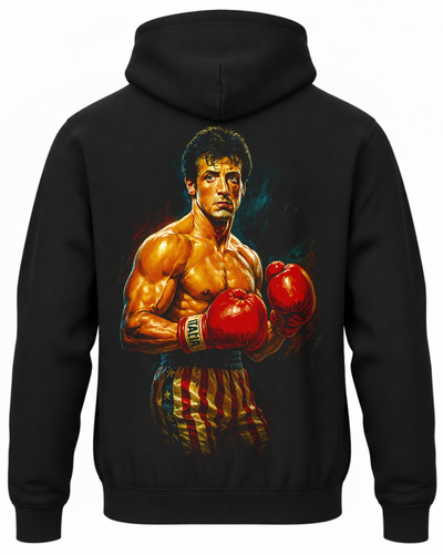 Czarna bluza z kapturem i nadrukiem na plecach: Rocky Balboa