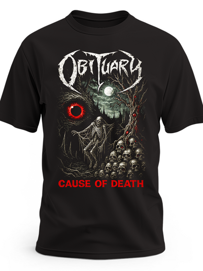 Czarna koszulka Obituary z białym logo, czaszkami i czerwonym napisem Cause of Death