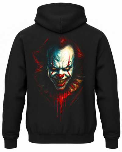 Czarna bluza z kapturem i nadrukiem na plecach: To – Pennywise, portret