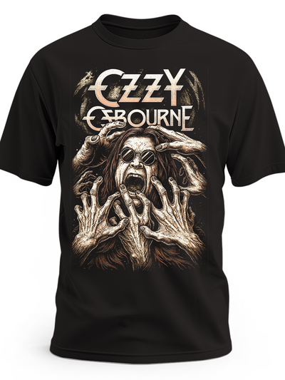 Czarna koszulka Ozzy Osbourne z jasnym portretem i białym napisem