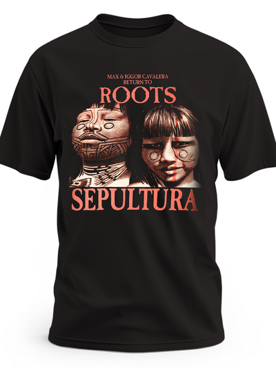 Czarna koszulka Sepultura z portretami i napisami Roots oraz Sepultura