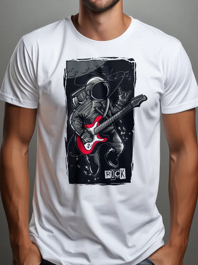Prezent dla muzyka koszulka męska z nadrukiem kosmity z gitarą ROCK biała