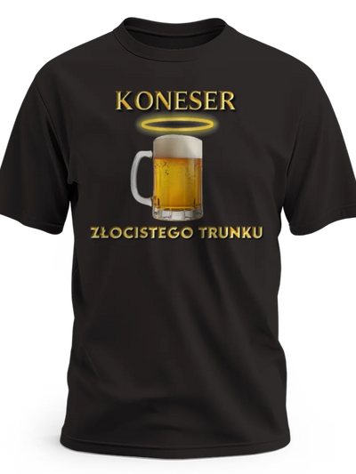 Prezent dla piwosza koszulka męska z nadrukiem koneser złocistego trunku czarna Personalizowane-prezenty.pl
