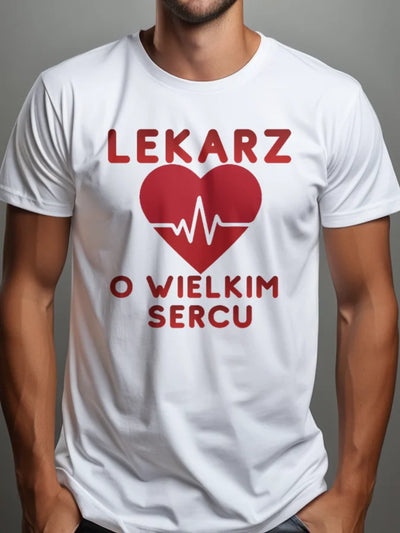 Prezent dla lekarza koszulka męska z nadrukiem lekarz o wielkim sercu biała