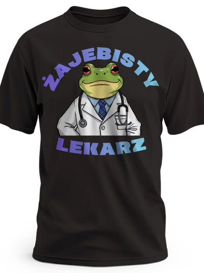 Prezent dla lekarza koszulka męska z nadrukiem żajebisty lekarz z żabą czarna