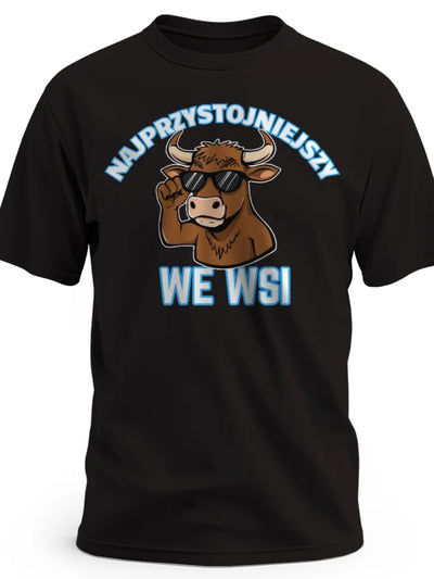 Prezent dla chłopaka koszulka z nadrukiem najprzystojniejszy we wsi z bykiem w okularach czarna