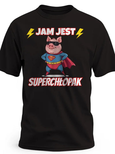 Prezent dla chłopaka koszulka z nadrukiem świni w kostiumie supermena i napisem jam jest super chłopak czarna Personalizowane-prezenty.pl