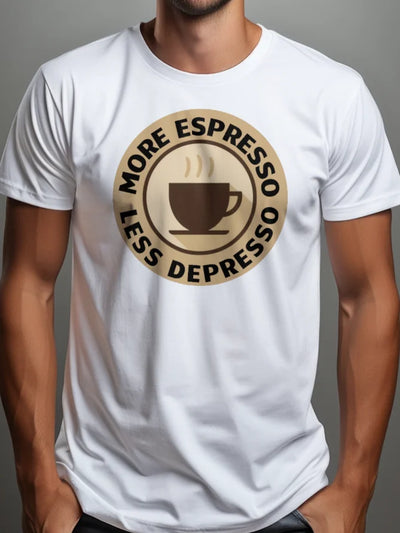 Prezent dla kawosza koszulka męska z nadrukiem more espresso less depresso biała