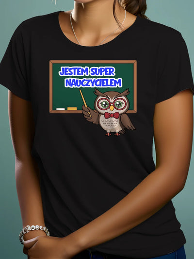 Prezent dla nauczyciela koszulka damska z nadrukiem jestem super nauczycielem personalizowana czarna
