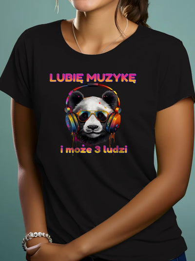 Prezent dla muzyka koszulka damska z pandą w słuchawkach lubię muzykę i może 3 ludzi czarna