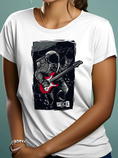 Prezent dla muzyka koszulka damska z nadrukiem kosmity z gitarą rock