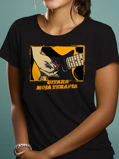 Prezent dla gitarzystki koszulka damska z nadrukiem gitara moja terapia czarna