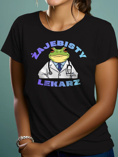 Prezent dla lekarza koszulka damska z nadrukiem żajebisty lekarz z żabą czarna