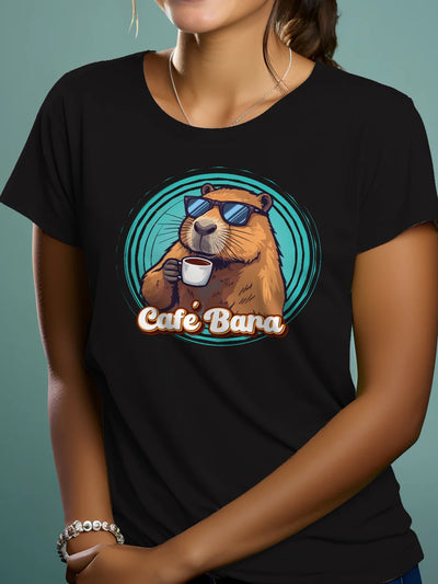 Prezent dla kawosza koszulka damska z nadrukiem kapibara cafe bara w okularach czarna