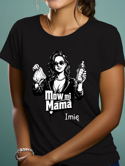 Koszulka damska z nadrukiem damska z grafiką mamy z butelką mleka i pieluchą prezent dla młodej mamy czarna