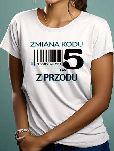 Koszulka na 50 urodziny damska zmiana kodu na 5 z przodu biała
