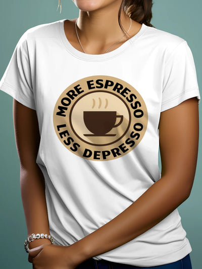 Prezent dla kawosza koszulka damska z nadrukiem more espresso less depresso biała