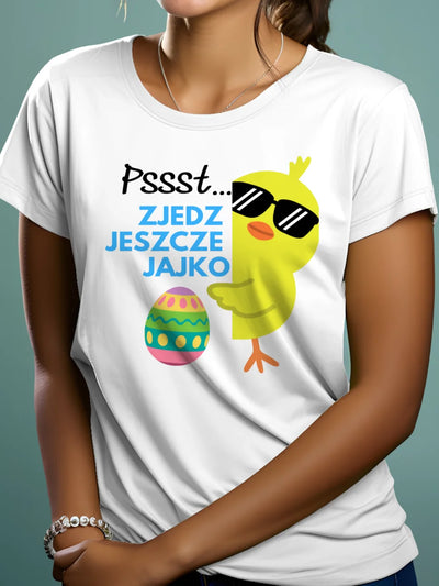 Prezent z okazji wielkanocy koszulka damska z nadrukiem kurczaka psst zjedz jeszcze jajko biała