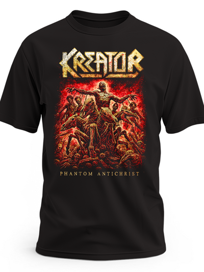Czarna koszulka Kreator ze złotym logo i czerwonym nadrukiem Phantom Antichrist