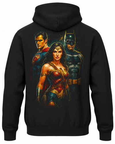 Czarna bluza z kapturem i nadrukiem na plecach: Liga Sprawiedliwości – Wonder Woman, Batman i Superman