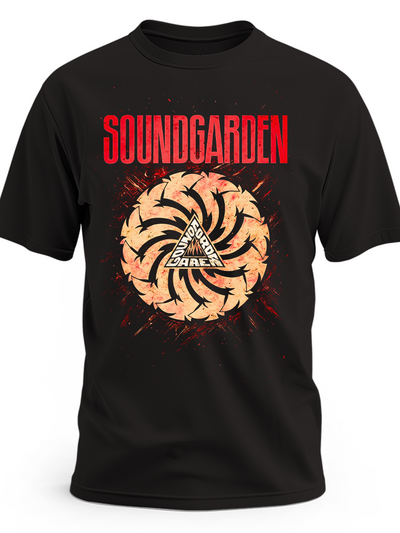 Czarna koszulka Soundgarden z czerwonym napisem i okrągłym symbolem Badmotorfinger