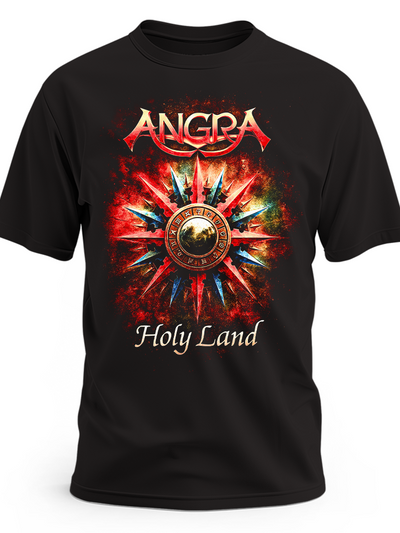 Czarna koszulka Angra Holy Land z kolorowym symbolem słońca i logo zespołu