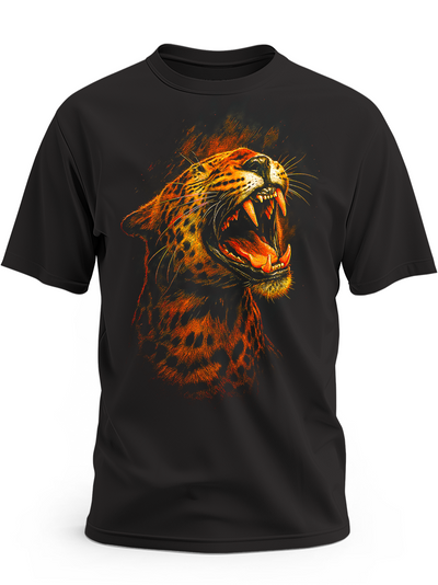 Czarna koszulka z artystycznym nadrukiem głowy ryczącego lamparta w złotej i czerwonej kolorystyce