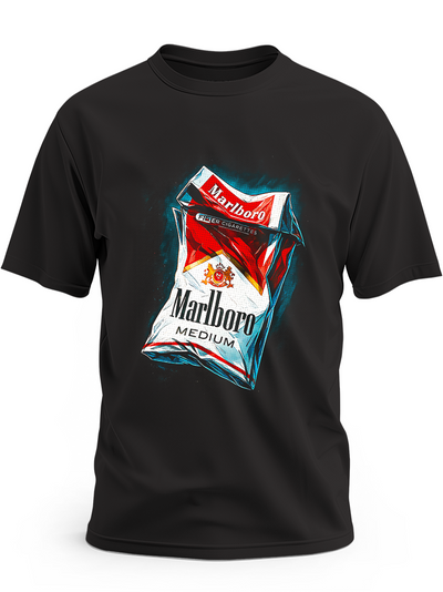 Czarna koszulka z artystycznym nadrukiem stylizowanej paczki papierosów Marlboro w czerwonej i turkusowej kolorystyce