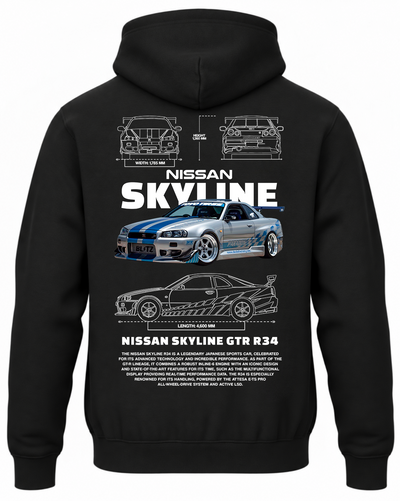 Czarna bluza z kapturem z nadrukiem Nissan GT-R R34