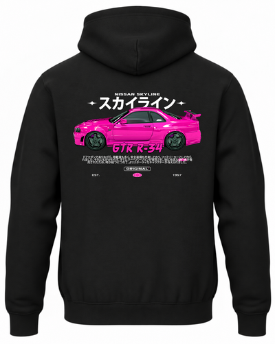 Czarna bluza z kapturem z nadrukiem Nissan Skyline – różowy