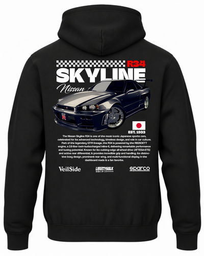 Czarna bluza z kapturem z nadrukiem Nissan Skyline R34