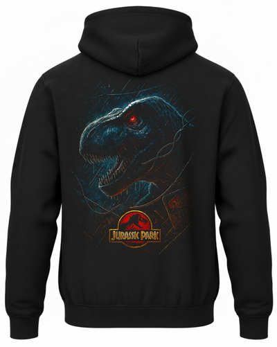 Czarna bluza z kapturem z dinozaurem i logo Jurassic Park na plecach