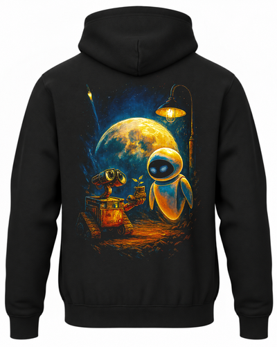 Czarna bluza z kapturem z robotami WALL-E i EVE na tle Ziemi na plecach