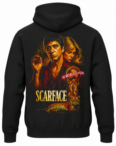 Czarna bluza z kapturem z motywem filmu Scarface na plecach