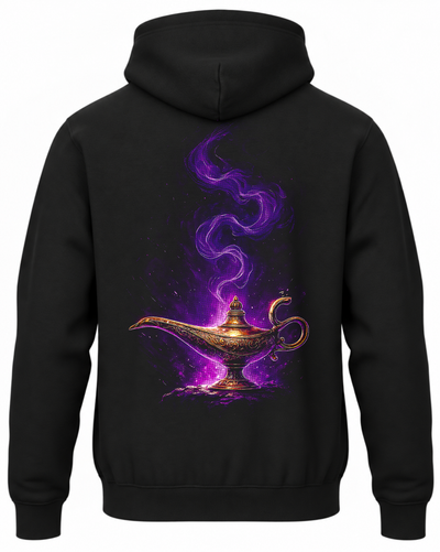 Czarna bluza z kapturem z magiczną lampą i fioletowym dymem z filmu Aladyn na plecach