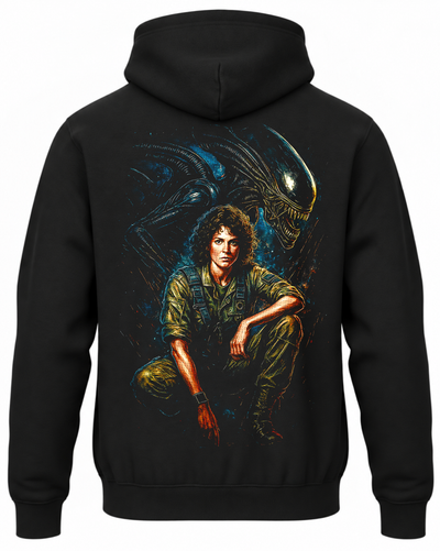 Czarna bluza z kapturem z Ellen Ripley i ksenomorfem z filmu Obcy na plecach
